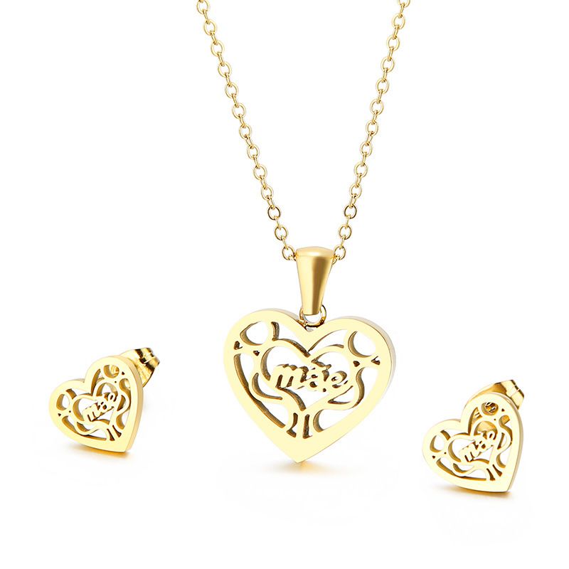 Acero Inoxidable Acero Titanio Chapados en oro de 18k Elegante Señora Forma De Corazón Aretes Collar