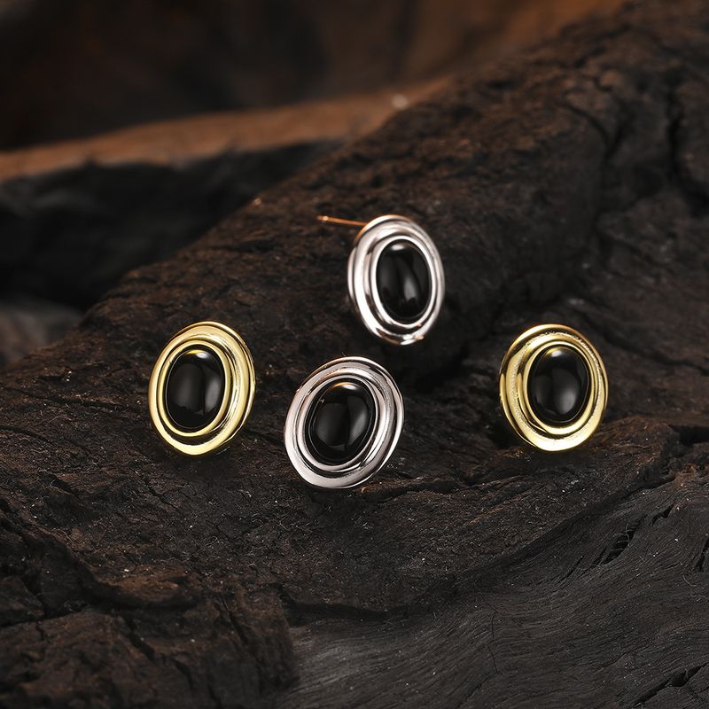 1 Pair Simple Style Classic Style Round Plating Inlay Sterling Silver Agate 24k Gold Plated White Gold Plated Ear Studs