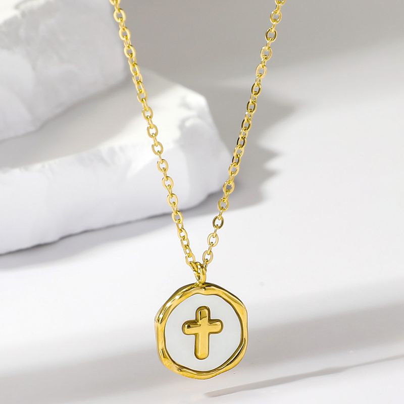 Wholesale Vintage Style Cross Stainless Steel Plating Inlay 18k Gold Plated Shell Pendant Necklace