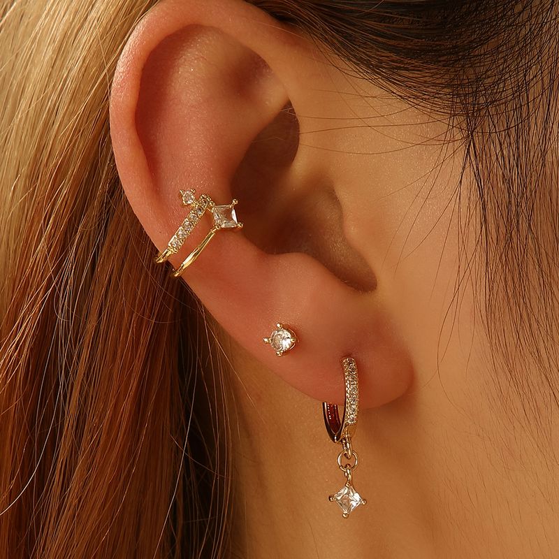 3 Pieces Vintage Style Circle Rhombus Plating Inlay Copper Zircon Gold Plated Hoop Earrings