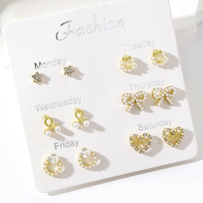 6 Pairs Cute Pentagram Heart Shape Plating Inlay Alloy Pearl Gold Plated Ear Studs