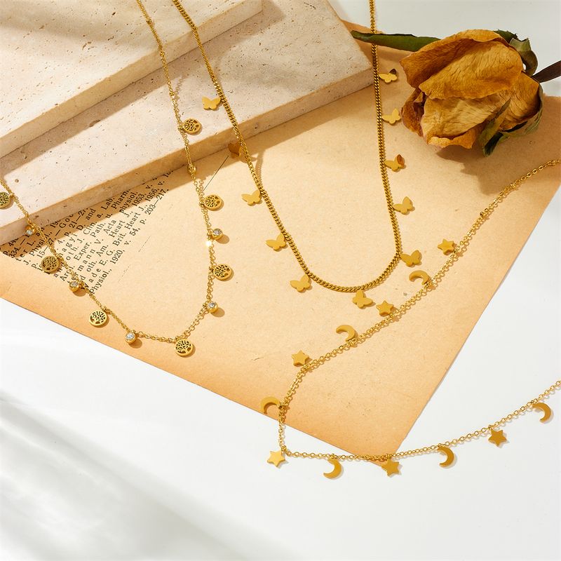 Titan Stahl 18 Karat Vergoldet Elegant Überzug Mond Herzform Schmetterling Zirkon Halskette