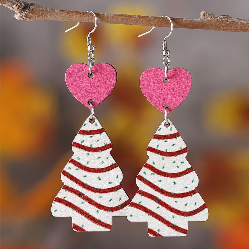 1 Pair Retro Christmas Tree Heart Shape Wood Drop Earrings