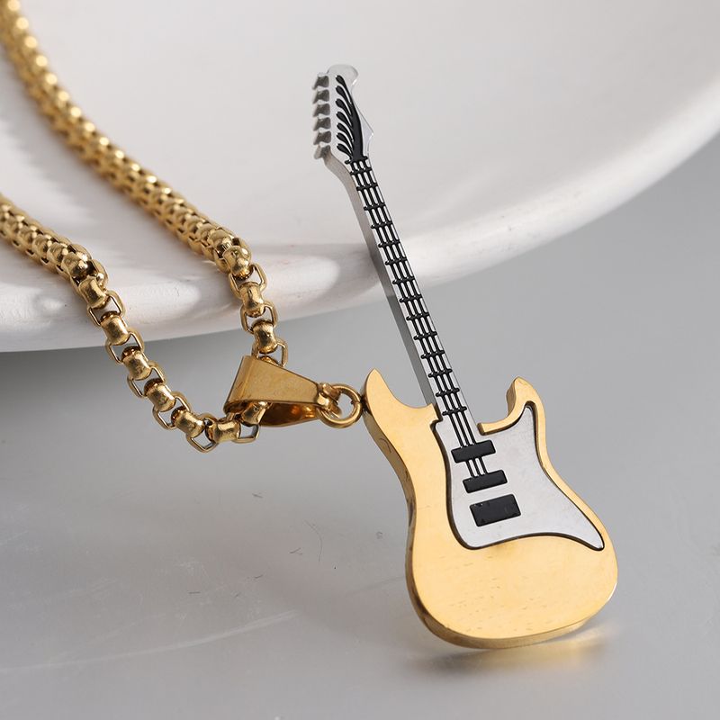 European And American Ins Internet Celebrity Style Personalized Hip-hop Fashion Stainless Steel Guitar Pendant Street Rap Trendy Men's Titanium Steel Necklace
