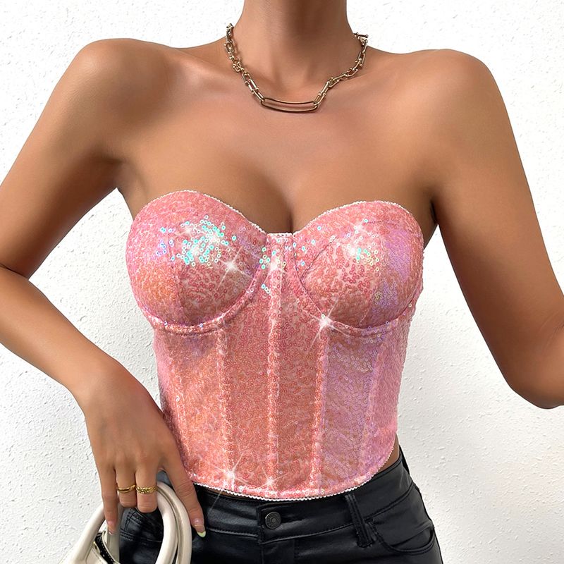 Women's Bandeau Tank Tops Sequins Sexy Solid Color