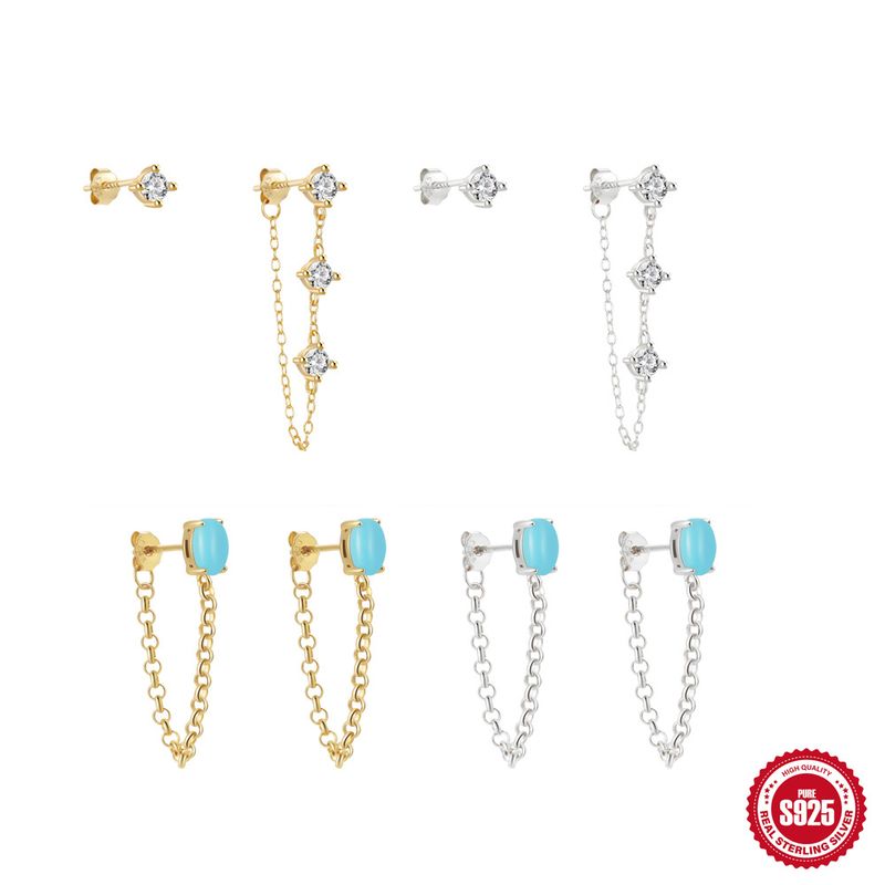 1 Pair Simple Style Geometric Color Block Plating Inlay Sterling Silver Turquoise Rhinestones Drop Earrings