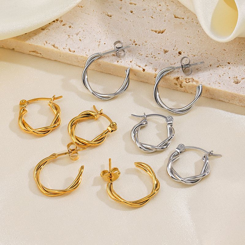 1 Pair Simple Style C Shape Twist Plating 304 Stainless Steel 18K Gold Plated Hoop Earrings