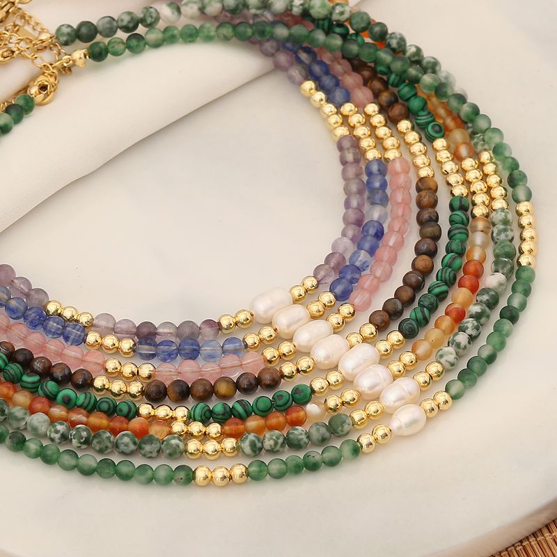 Wholesale Bohemian Color Block Stainless Steel Natural Stone Copper Beaded Handmade 18K Gold Plated Necklace