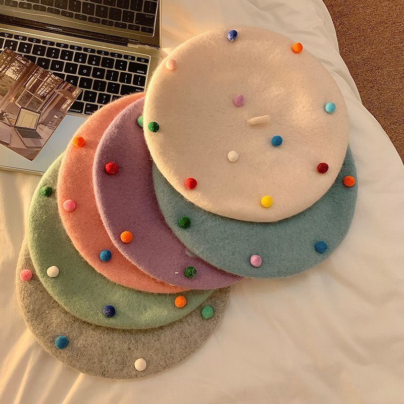 Women's Cute Basic Sweet Solid Color Pom Poms Eaveless Beret Hat