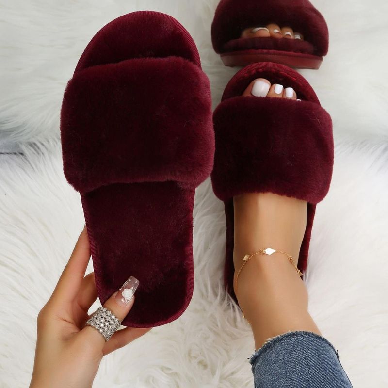 Women's Casual Solid Color Round Toe Slides Slippers Plush Slippers
