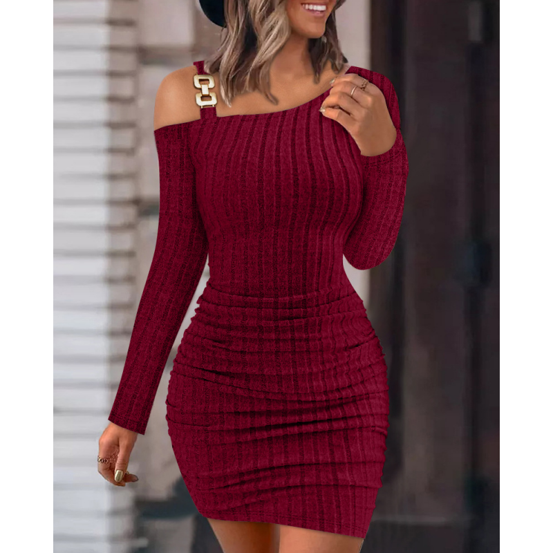 Women's Sheath Dress Simple Style Oblique Collar Long Sleeve Solid Color Above Knee Daily Street