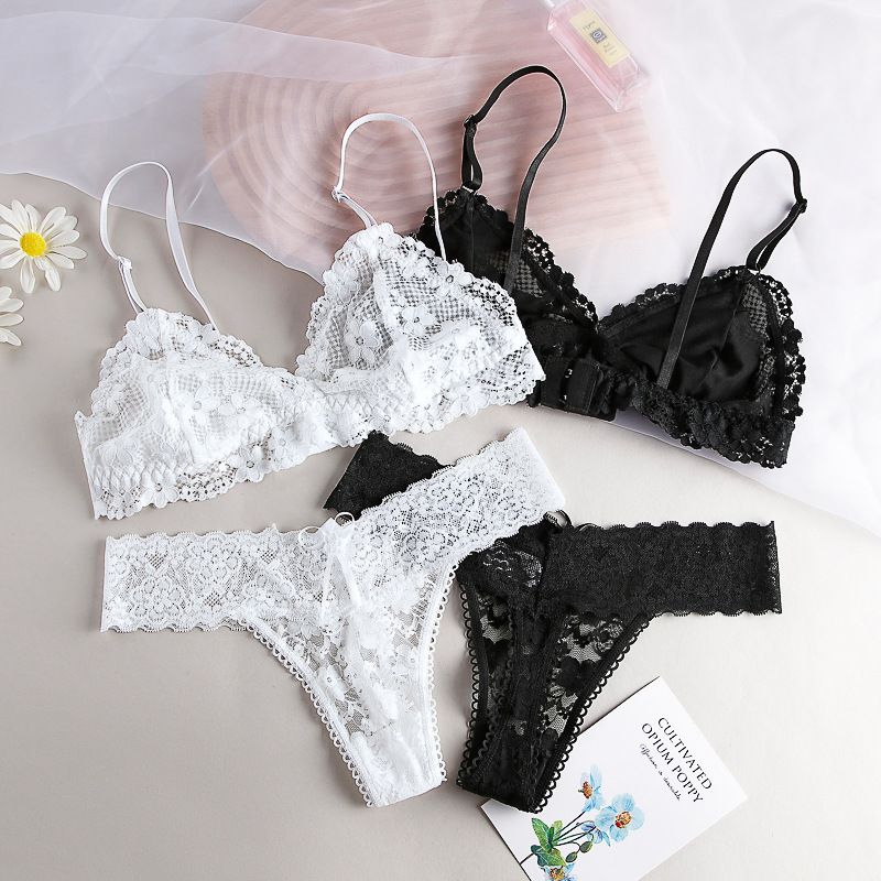 Solid Color Flower Wireless Bra Sexy Seamless Gather Breathable Lace Bra&panty Set