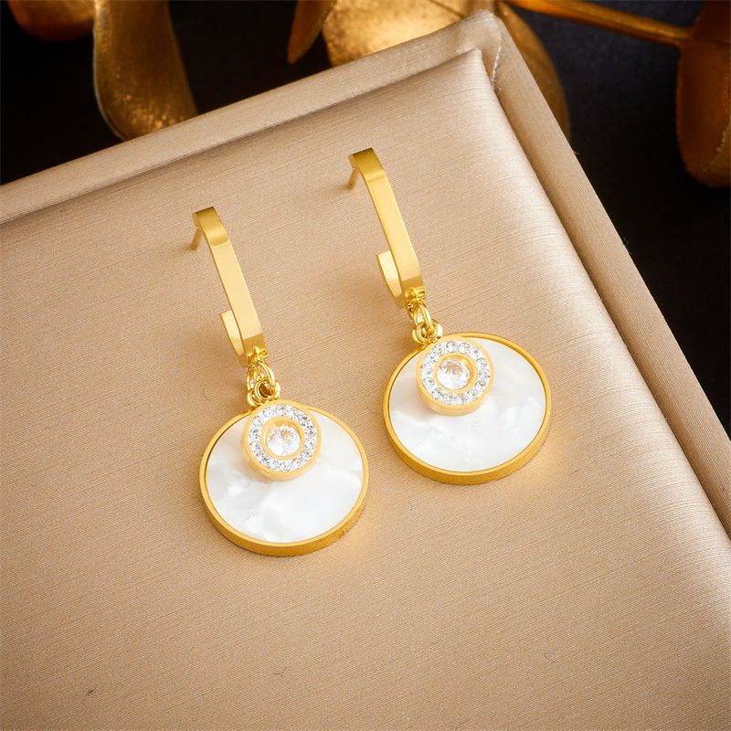 1 Pair Simple Style Round Plating Inlay 304 Stainless Steel Rhinestones 18K Gold Plated Drop Earrings