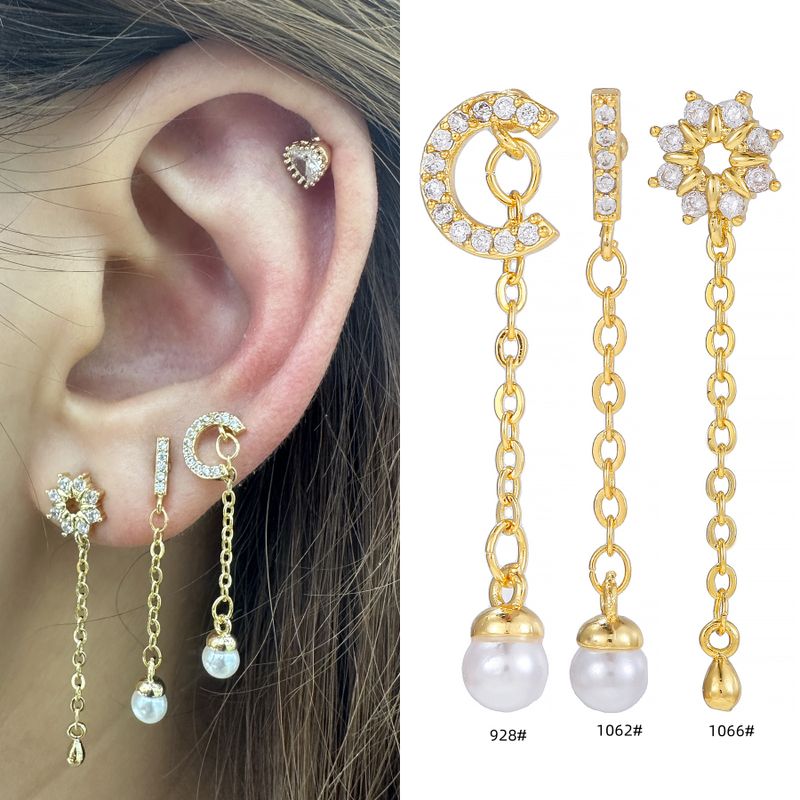 1 Piece Ig Style Simple Style Tassel Plating Inlay Brass Artificial Pearls Zircon 18k Gold Plated White Gold Plated Ear Studs