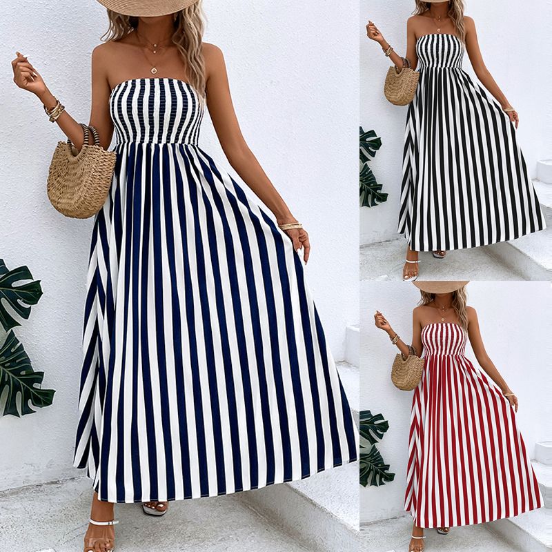 Women's Sundress Elegant Sexy Romantic Strapless Ruched Sleeveless Stripe Maxi Long Dress Holiday Party Beach