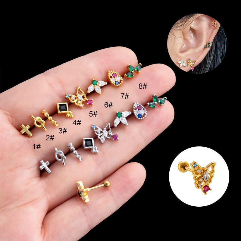 1 Pièce Boucles D'Oreilles Cartilage Style Vintage À La Française Style Simple Traverser Les Gouttelettes D'Eau Papillon Acier Inoxydable 316 Le Cuivre Placage Incruster Zircon