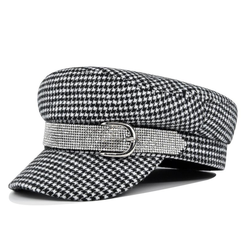 Women's Basic Retro Houndstooth Rhinestone Chain Curved Eaves Military Hat