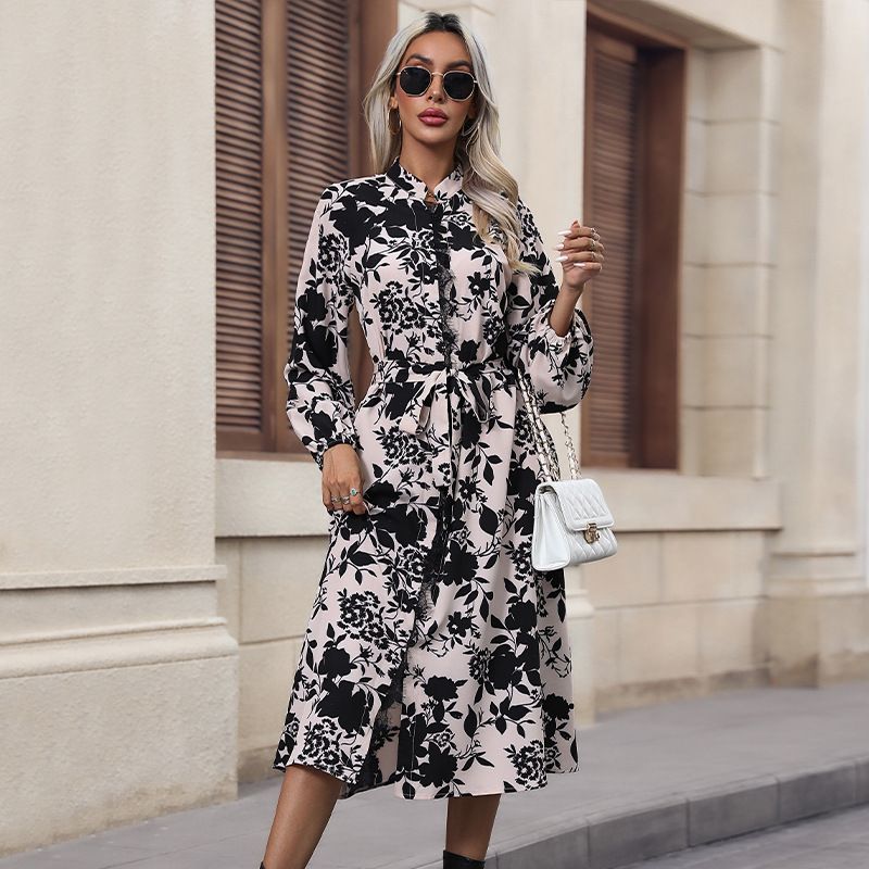 Women's Regular Dress Streetwear Standing Collar Printing Lace Long Sleeve Flower Midi Dress Travel Daily