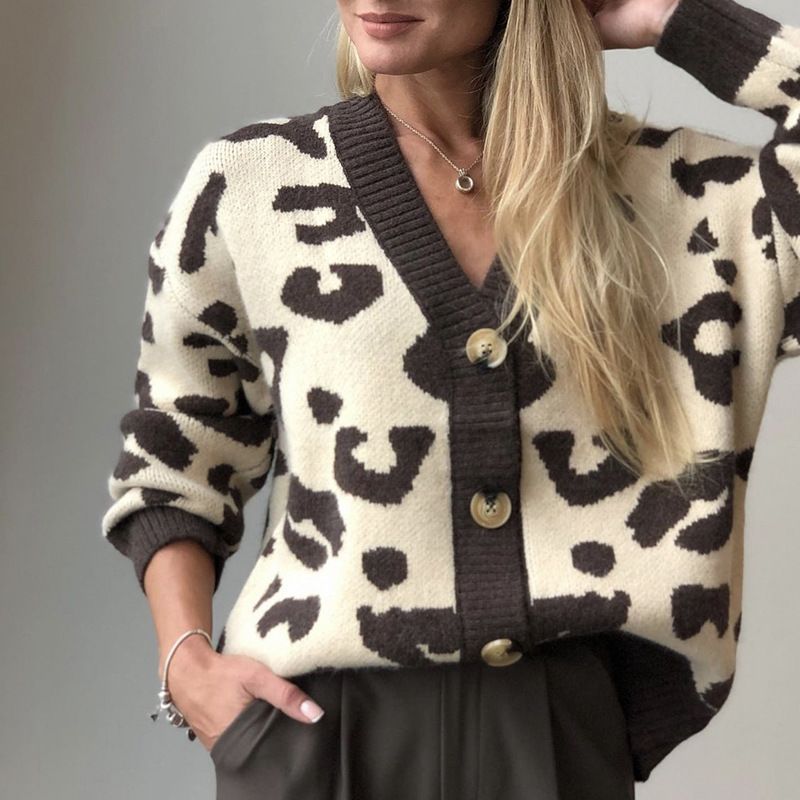 Women's Cardigan Long Sleeve Sweaters & Cardigans Contrast Binding Casual Leopard