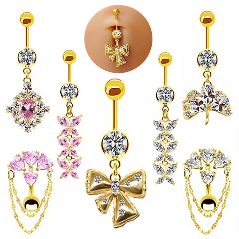 Simple Style Heart Shape Butterfly Bow Knot Stainless Steel Alloy Copper Plating Inlay Rhinestones Zircon White Gold Plated Gold Plated Belly Ring