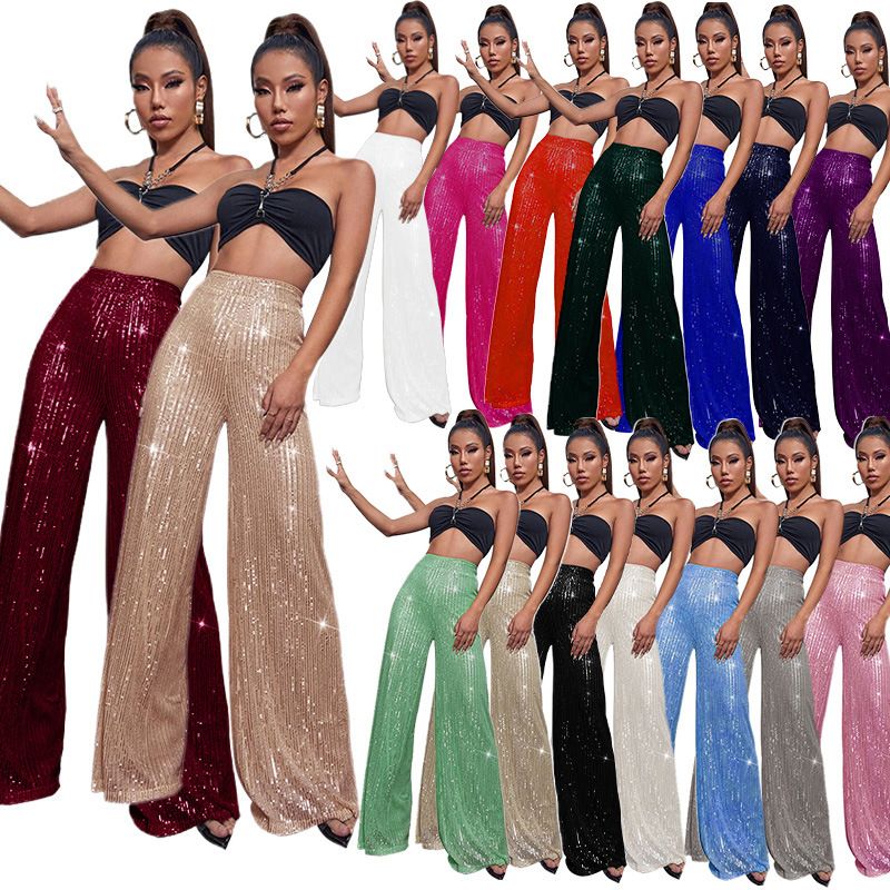 Women's Party Street Fashion Solid Color Full Length Sequins Casual Pants