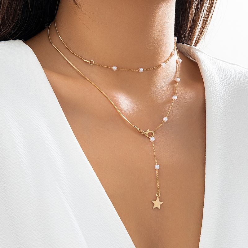 Vacation Simple Style Classic Style Pentagram Round Imitation Pearl Copper Layered Women's Pendant Necklace