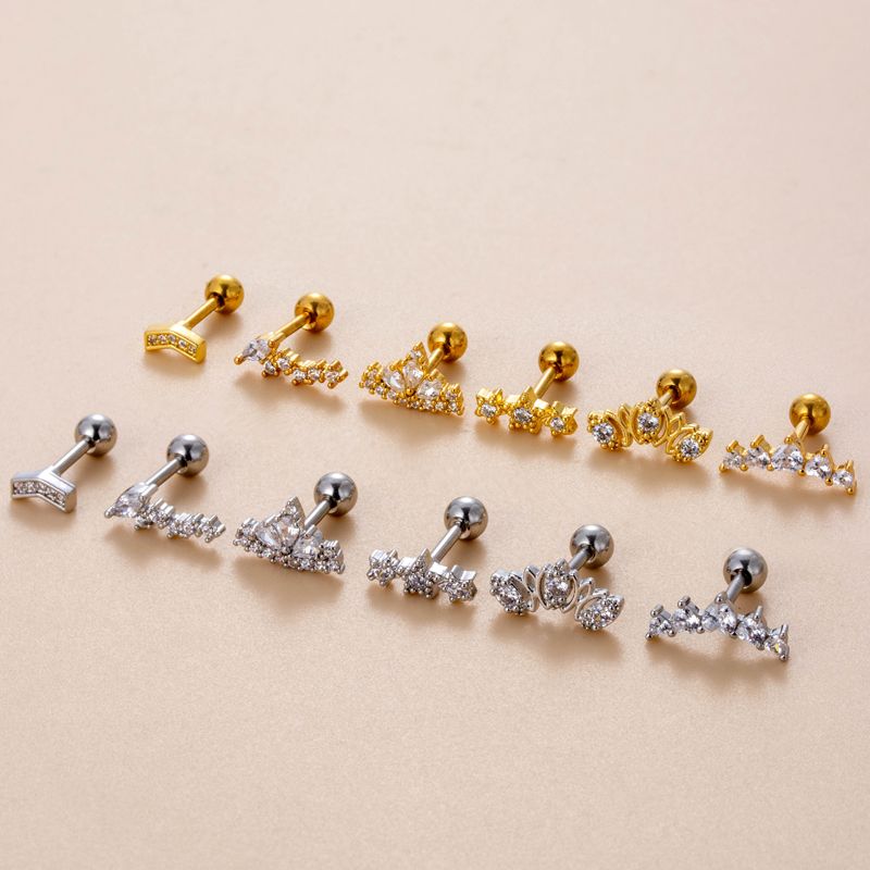 1 Pièce Boucles D'Oreilles Cartilage Sucré Forme De Cœur Couronne Acier Inoxydable 316 Le Cuivre Placage Incruster Zircon