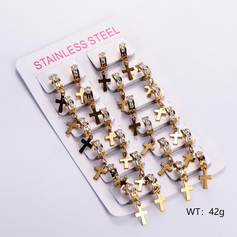 12 Pairs Casual Cross Plating Inlay Stainless Steel Zircon 18K Gold Plated Drop Earrings