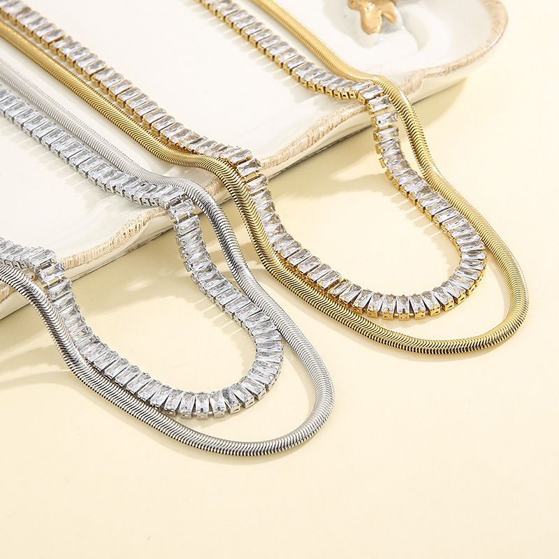Titanium Steel 18K Gold Plated Simple Style Classic Style Inlay Solid Color Rhinestones Layered Necklaces