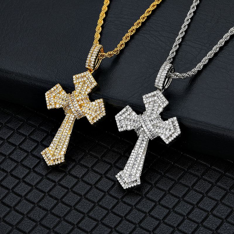 Hip-hop Cross Copper Plating Inlay Zircon Gold Plated Men's Pendant Necklace