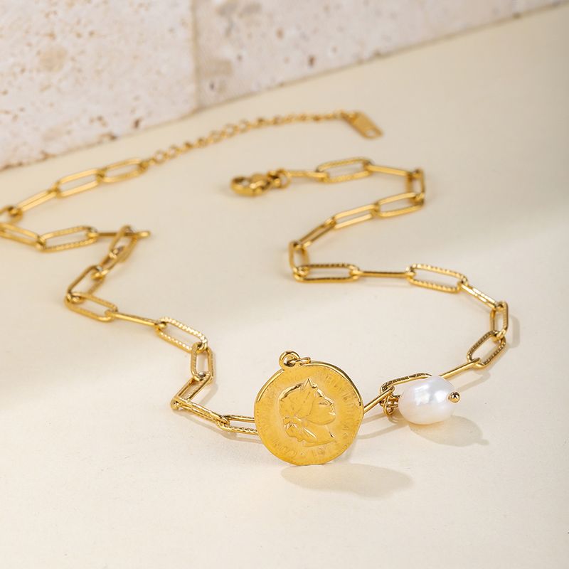 Einfacher Stil Menschlich Rostfreier Stahl Titan Stahl Perle Überzug 18 Karat Vergoldet Vergoldet Halskette Mit Anhänger