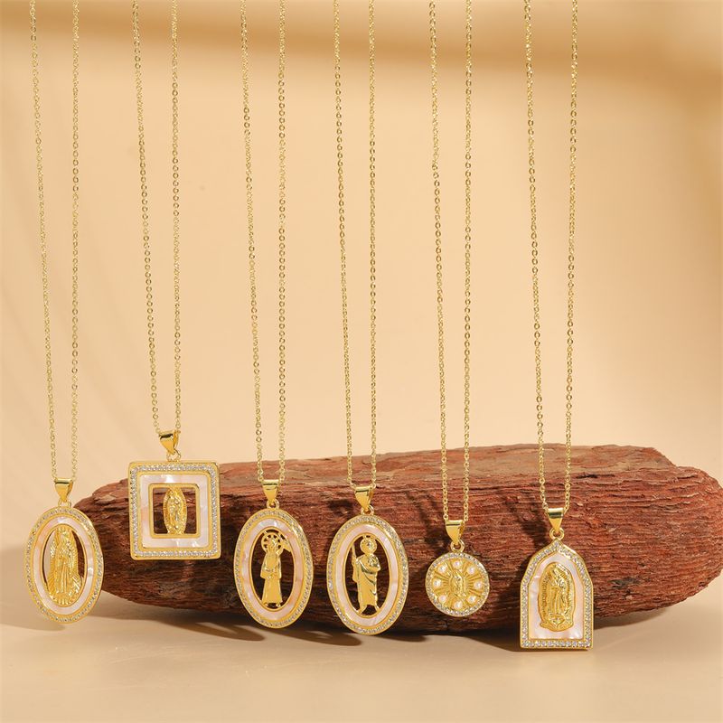 Vintage Style Simple Style Human Copper Plating Inlay Shell Zircon 14k Gold Plated Pendant Necklace