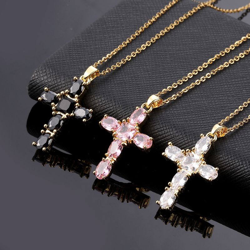 Hip-hop Retro Simple Style Cross Copper Inlay Zircon Pendant Necklace