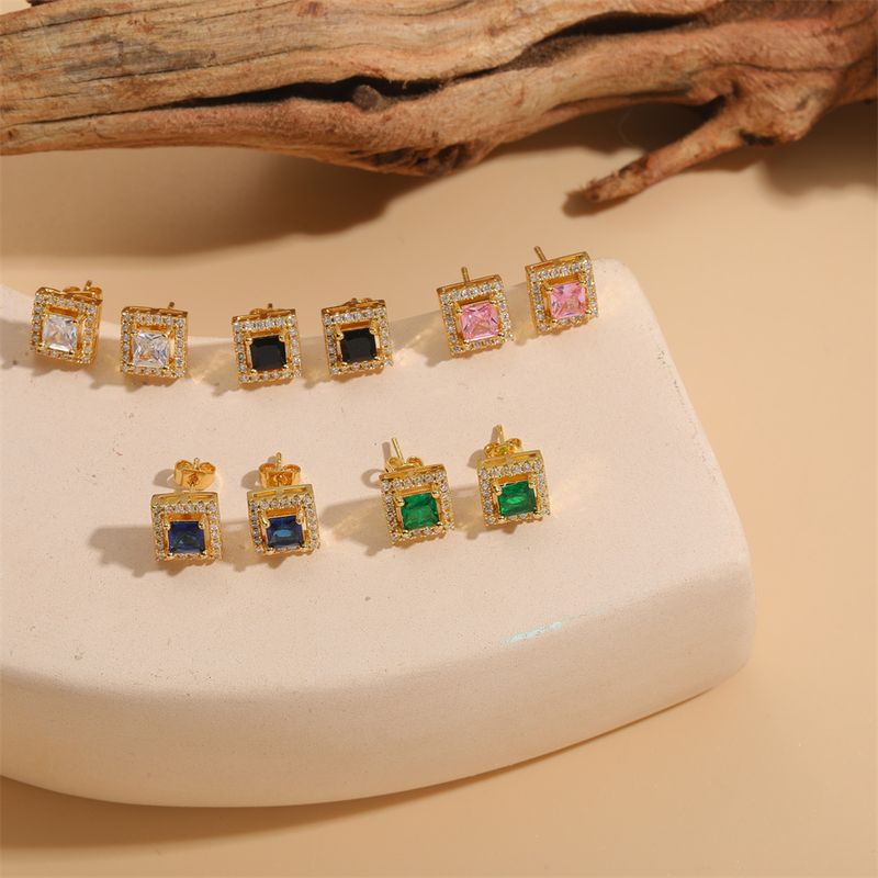 1 Pair Vintage Style Simple Style Square Plating Inlay Brass Zircon 14k Gold Plated Ear Studs