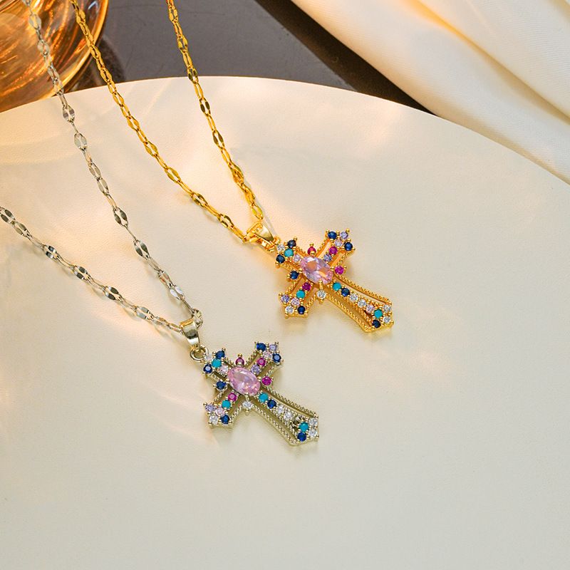 Streetwear Cross Titanium Steel Inlay Zircon Pendant Necklace