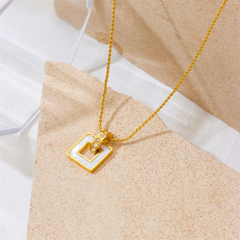Titanium Steel 18K Gold Plated Elegant Plating Inlay Square Artificial Diamond Shell Pendant Necklace