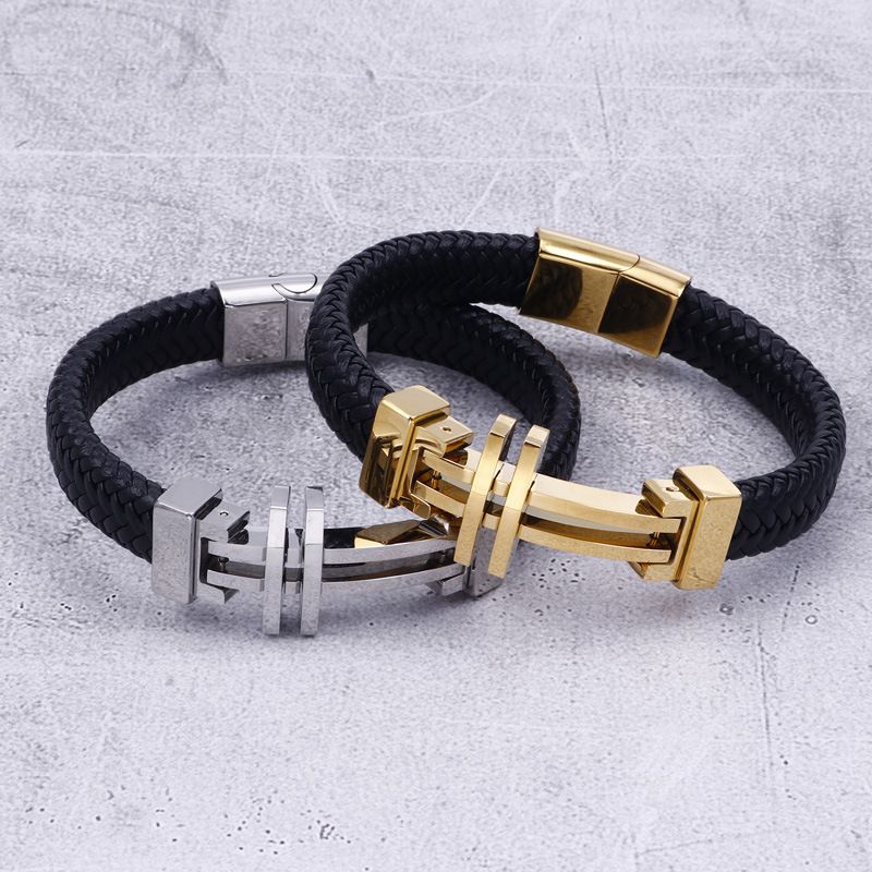 Style Vintage Punk Géométrique Acier Inoxydable Faux Cuir Plaqué Or 18K Hommes Bracelet