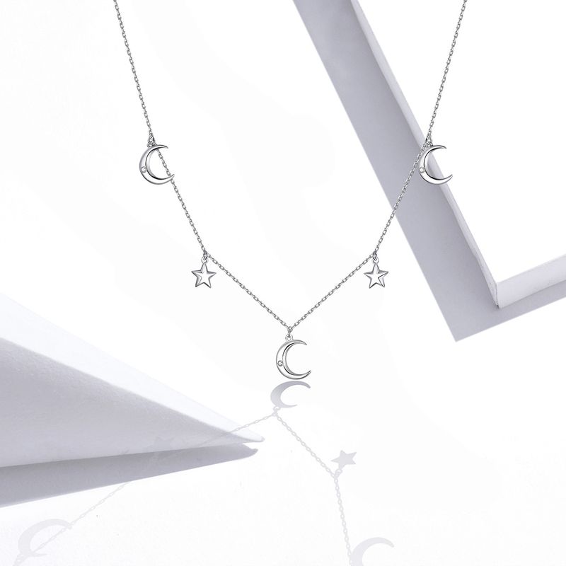 Elegant Star Moon Sterling Silver Plating Inlay Zircon White Gold Plated Pendant Necklace