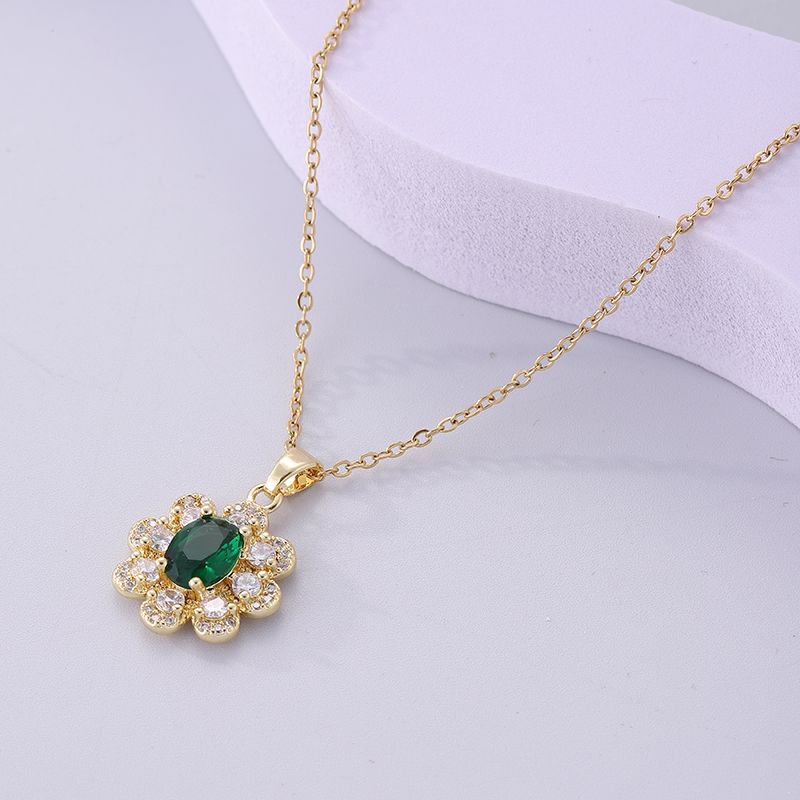 Retro Flower Stainless Steel Copper Plating Inlay Zircon 18k Gold Plated Pendant Necklace