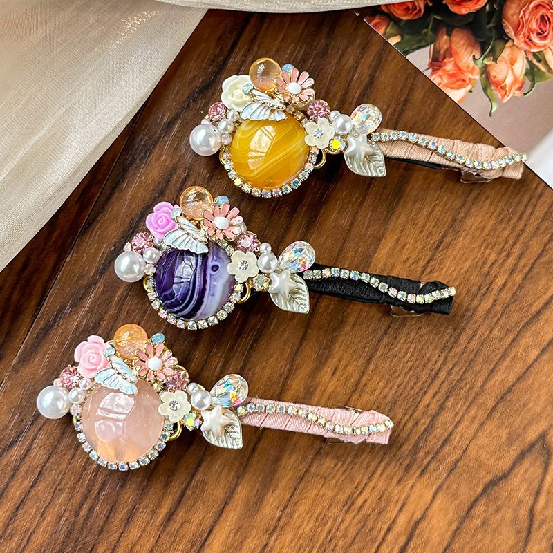 Elegant Lady Flower Metal Inlay Artificial Gemstones Opal Hair Clip