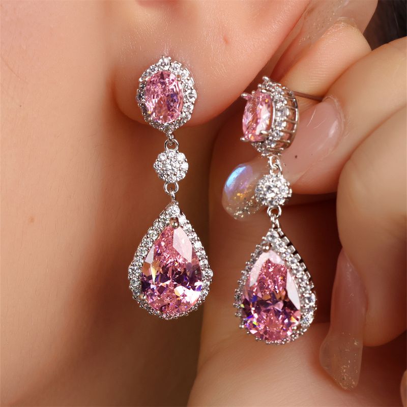 1 Pair Pastoral Water Droplets Inlay Copper Artificial Gemstones Drop Earrings