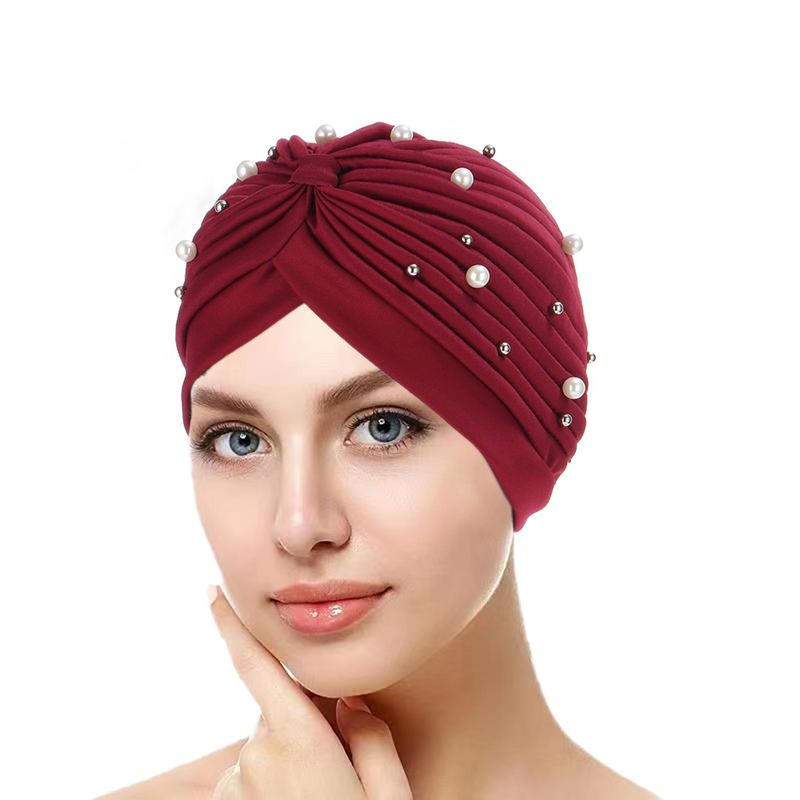 Women's Simple Style Solid Color Pearl Rivet Eaveless Beanie Hat
