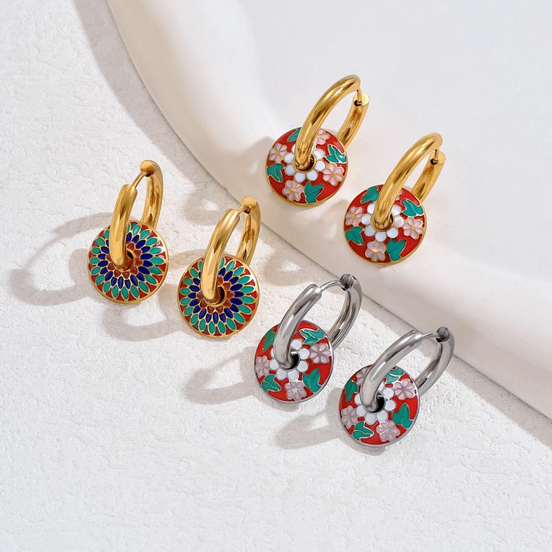 2 Pieces Vintage Style Ethnic Style Artistic Flower Enamel Plating 201 Stainless Steel 18K Gold Plated Drop Earrings