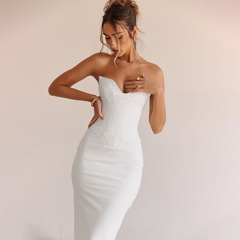Party Dress Elegant Sexy Strapless Backless Sleeveless Solid Color Maxi Long Dress Banquet