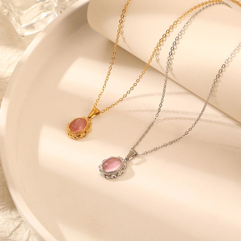 304 Stainless Steel 18K Gold Plated Casual Simple Style Inlay Oval Opal Pendant Necklace