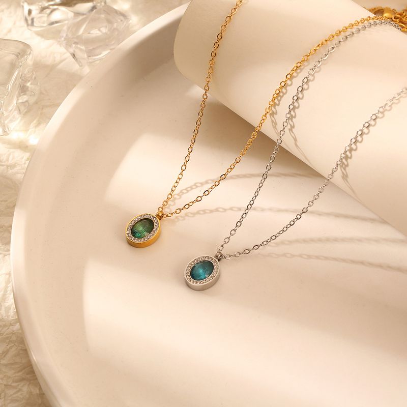 304 Stainless Steel 18K Gold Plated Casual Simple Style Inlay Oval Gem Rhinestones Pendant Necklace