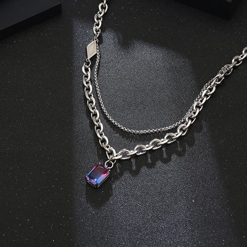 304 Stainless Steel Casual Simple Style Chain Inlay Rectangle Gem Pendant Necklace Long Necklace
