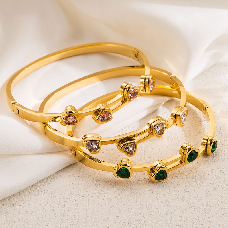 Ig Style Elegant Heart Shape Stainless Steel Plating Inlay Zircon 18k Gold Plated Bangle