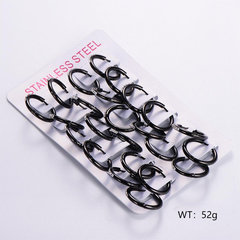 12 Pairs Casual Streetwear Solid Color Plating Inlay 304 Stainless Steel Rhinestones Hoop Earrings