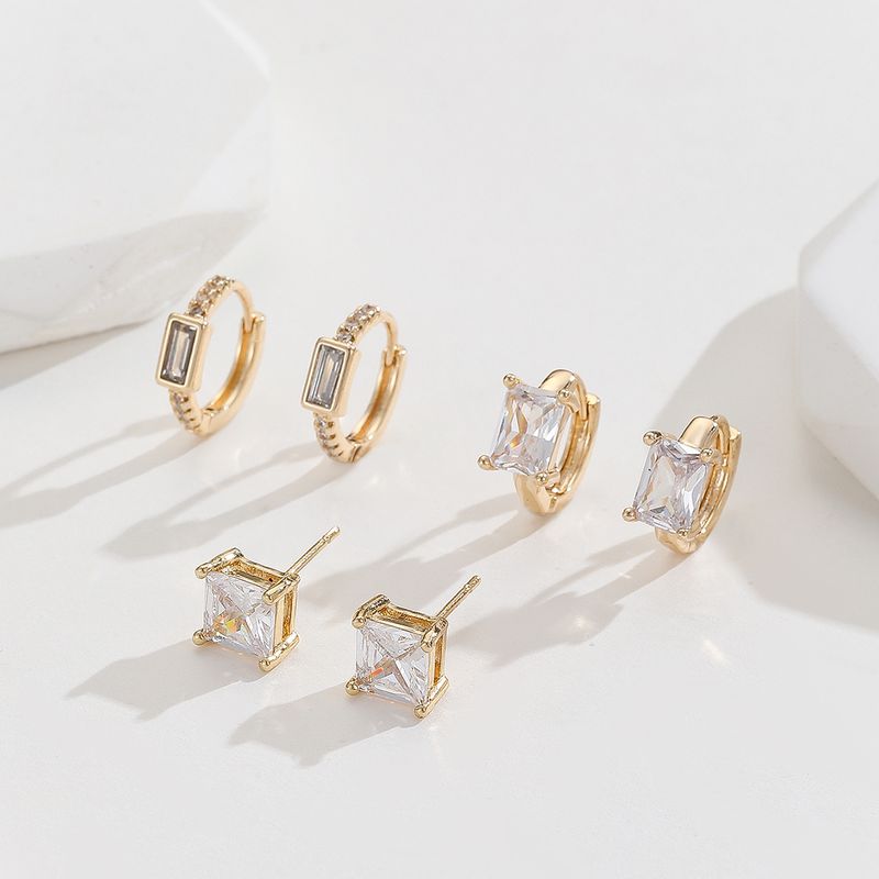 3 Pairs Simple Style Square Plating Inlay Copper Zircon Gold Plated Ear Studs